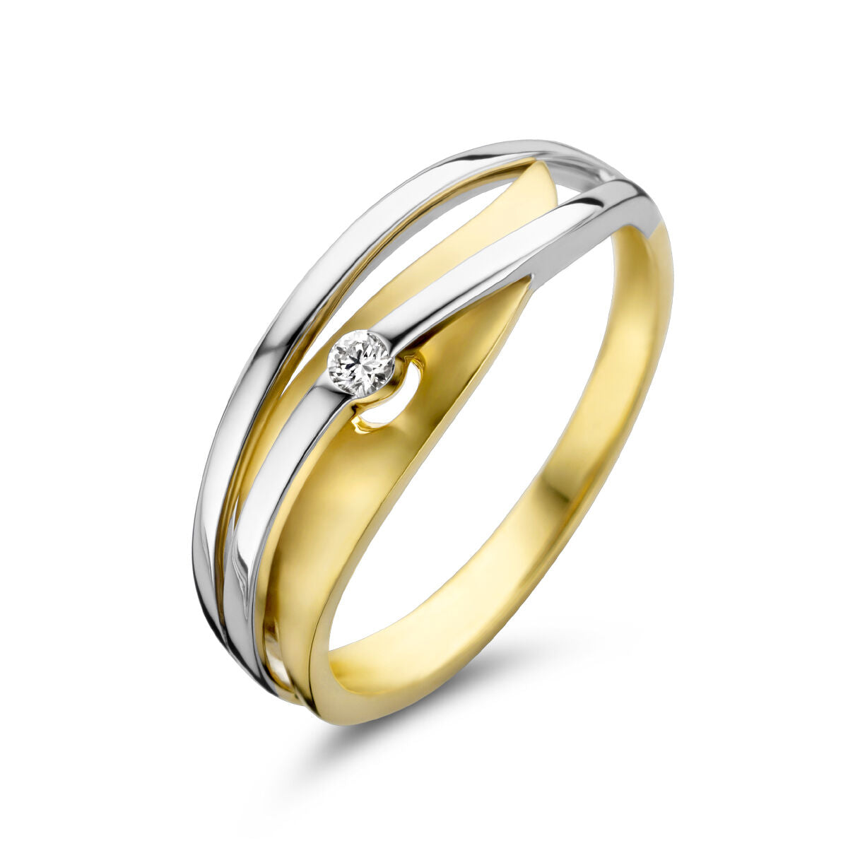 Anillo bicolor de oro amarillo y blanco con un diamante de 0.04 ct.