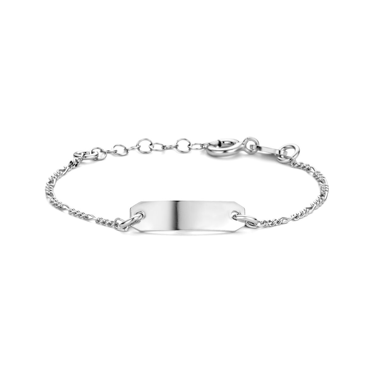 Pulsera de plata rhodinizada con placa grabable de 5,0 mm y cadena ajustable de 11 + 2 cm.