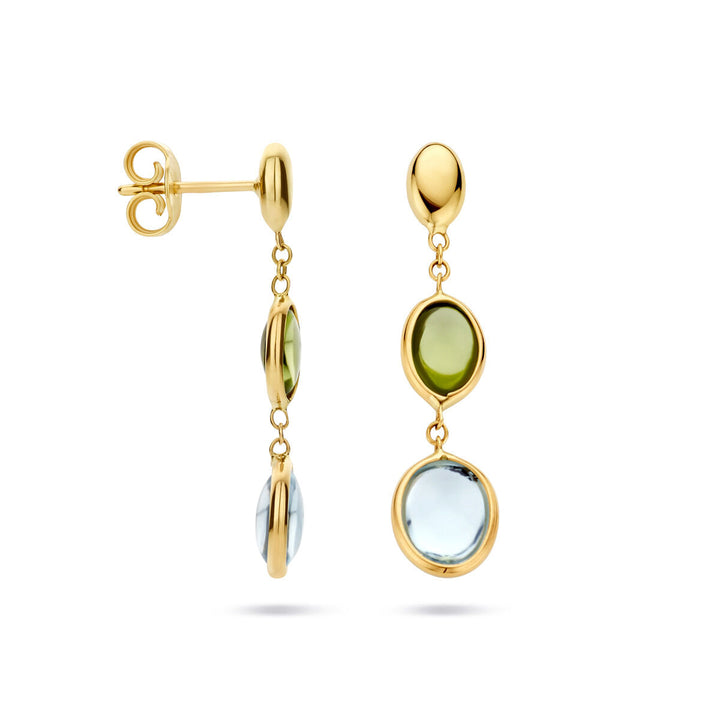 Van der Kooij Collectie oorhangers blauw topaas en peridot 14K geelgoud: drie verticale edelstenen in gladde bezel, post- en vlindersluiting.