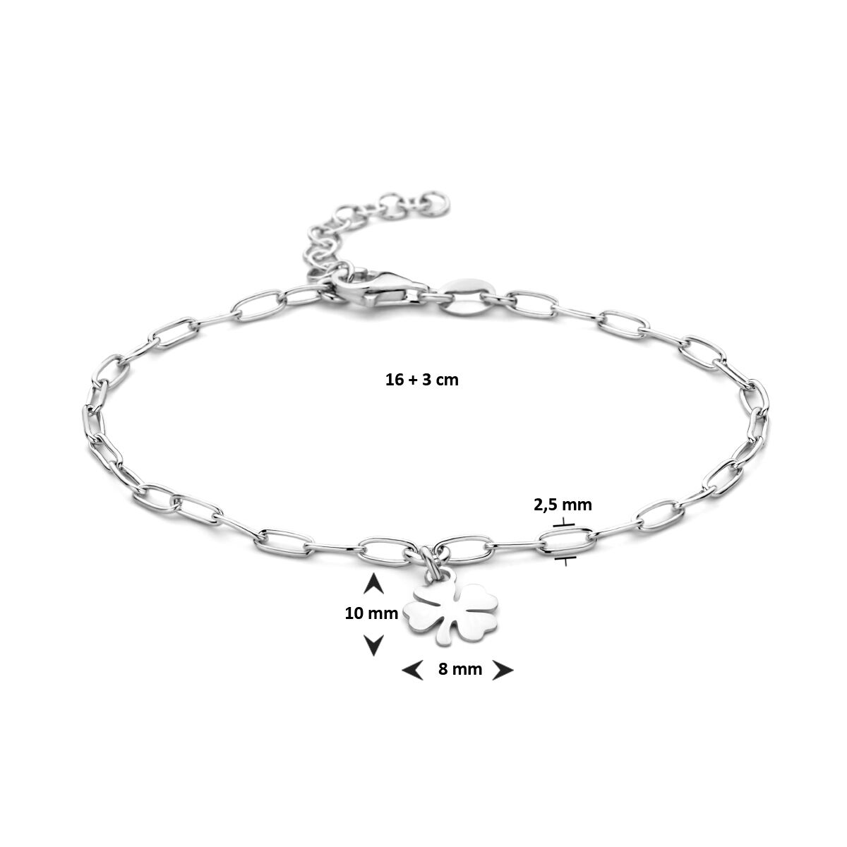 pulsera trébol 16 + 3 cm plata rodiada
