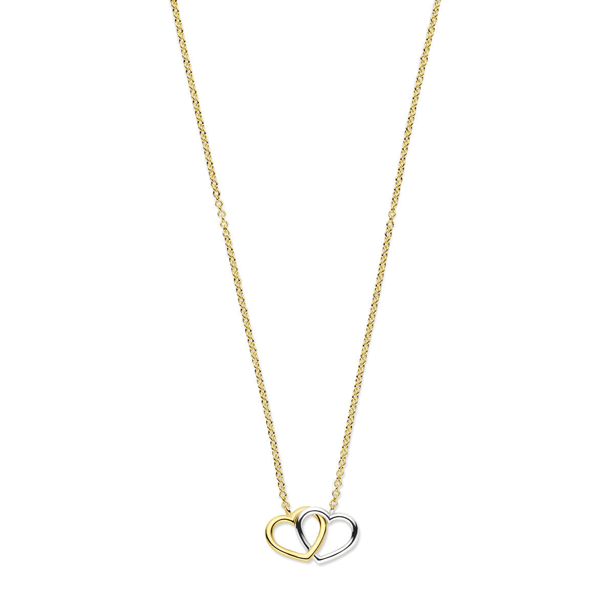 Collar bicolor de oro amarillo y blanco con dos corazones entrelazados.
