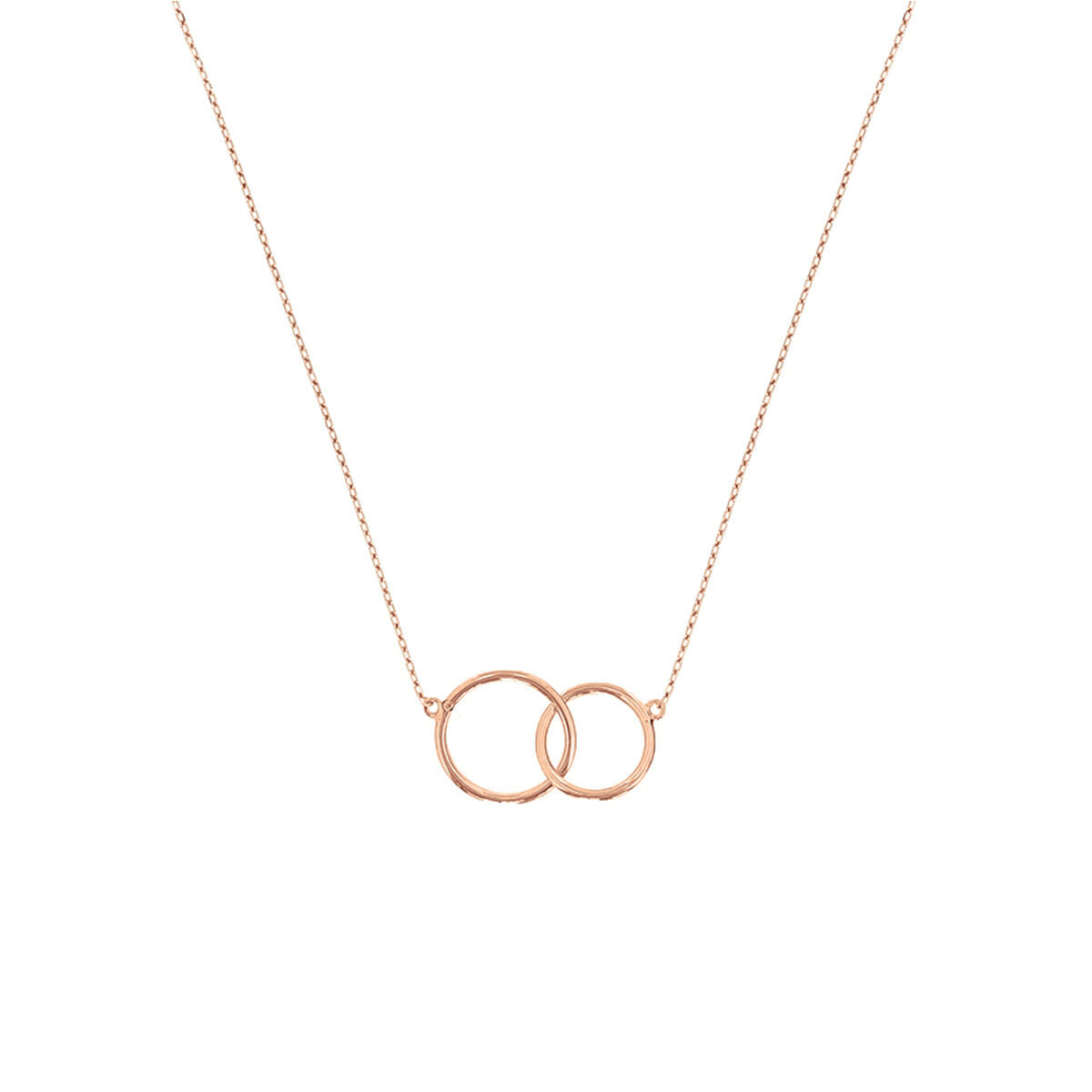 Collar de dama en oro rosa de 14K con dos círculos entrelazados.