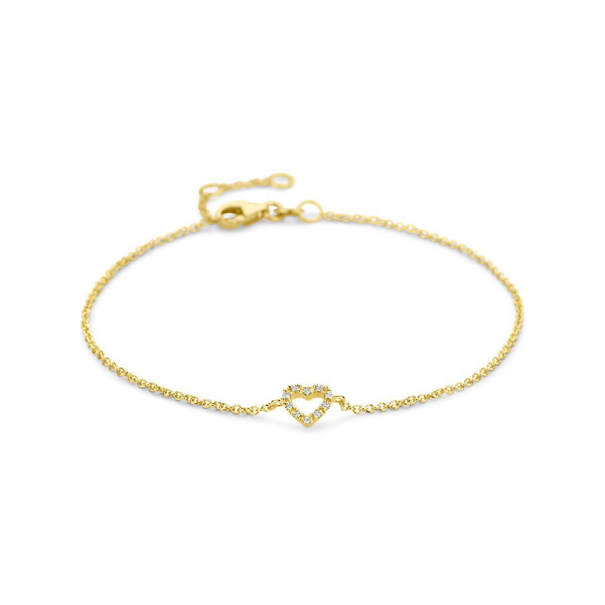 Pulsera dorada de 14K con un colgante en forma de corazón y diamantes.