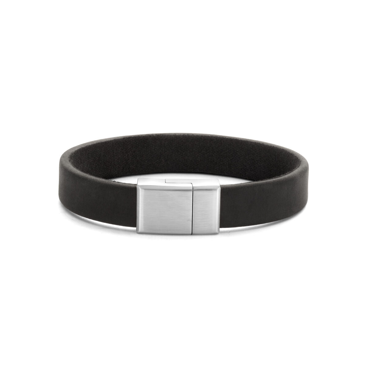 Pulsera de cuero negro de 12 mm con cierre de acero inoxidable.