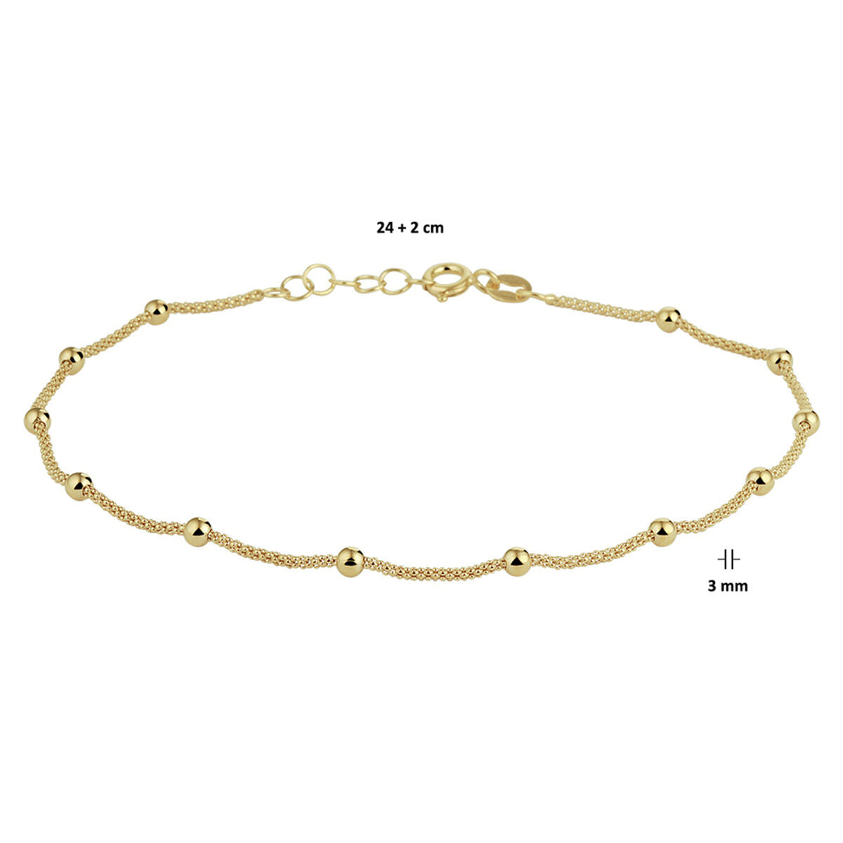 pulsera de bolitas 3,0 mm 24 + 2 cm 3 micrones plata chapado en oro amarillo