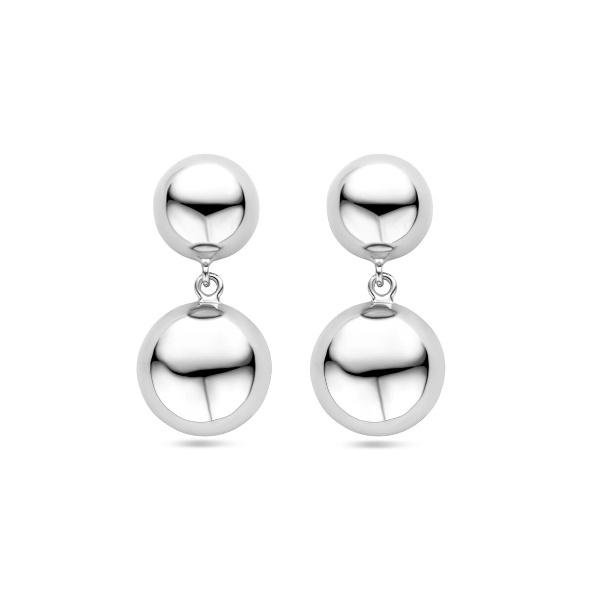Pendientes largos de plata rhodiada con forma de media esfera de 31 mm.