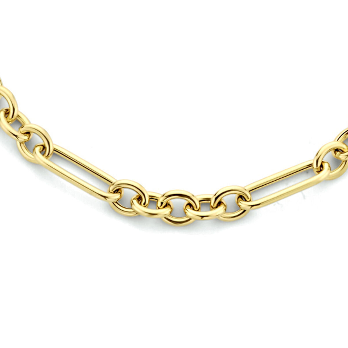cadena dorada de dama en 14K con eslabones alargados y detalles intercalados.