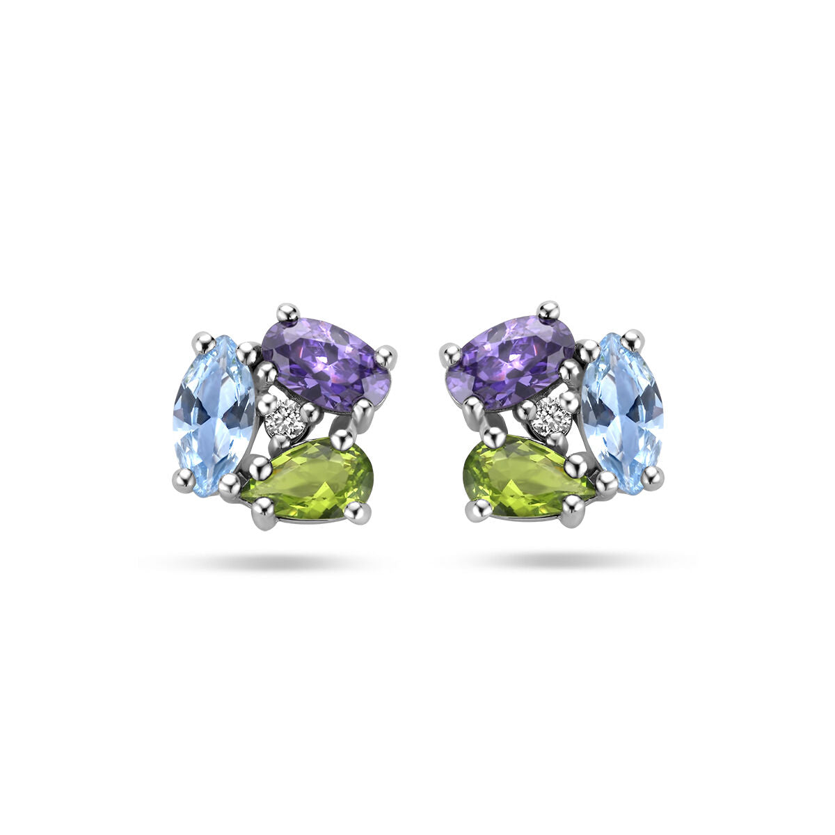 Pendientes de zircón y piedras preciosas sintéticas en plata rodiada, con formas ovaladas y colores variados.