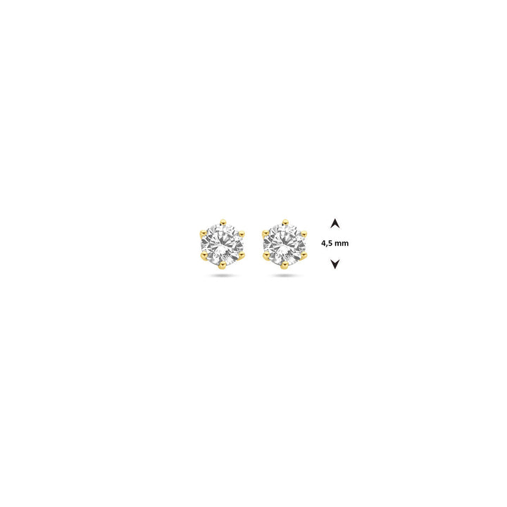 Oorknoppen zirkonia 14K geelgoud van Van der Kooij Collectie: ronde dames oorbellen met 4,5 mm diameter, weergegeven op een witte achtergrond.
