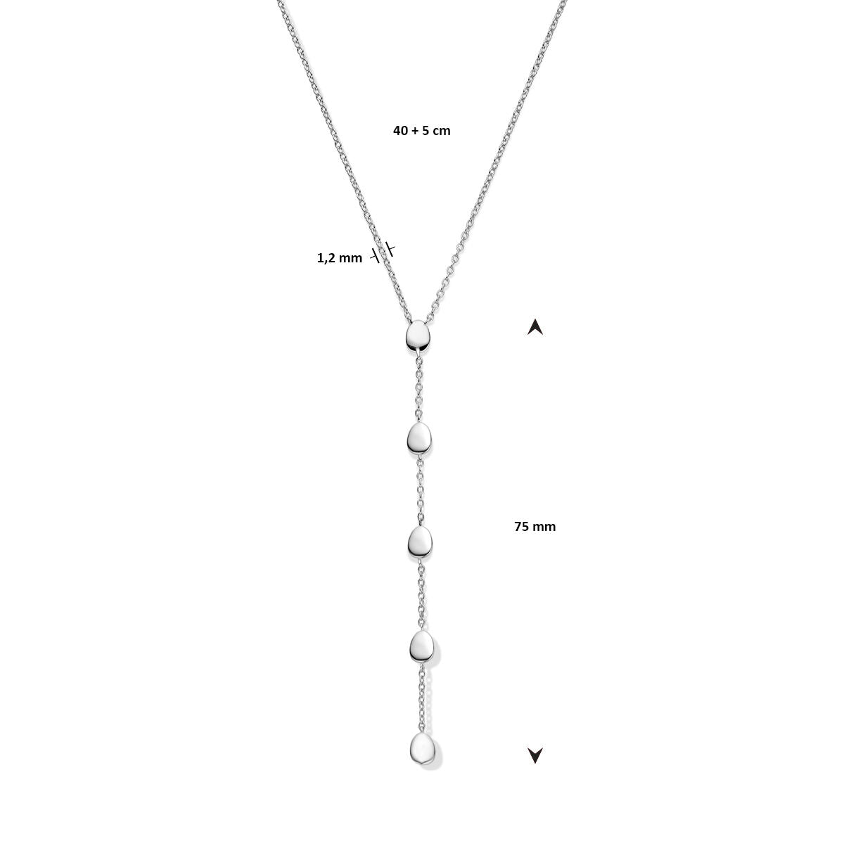 Minimalistisch y-collier van Van der Kooij Collectie: gerhodineerd zilver, dunne ketting (40 + 5 cm), vijf druppelvormige kralen (1,2 mm) in een verticale rij, hanger van 75 mm.