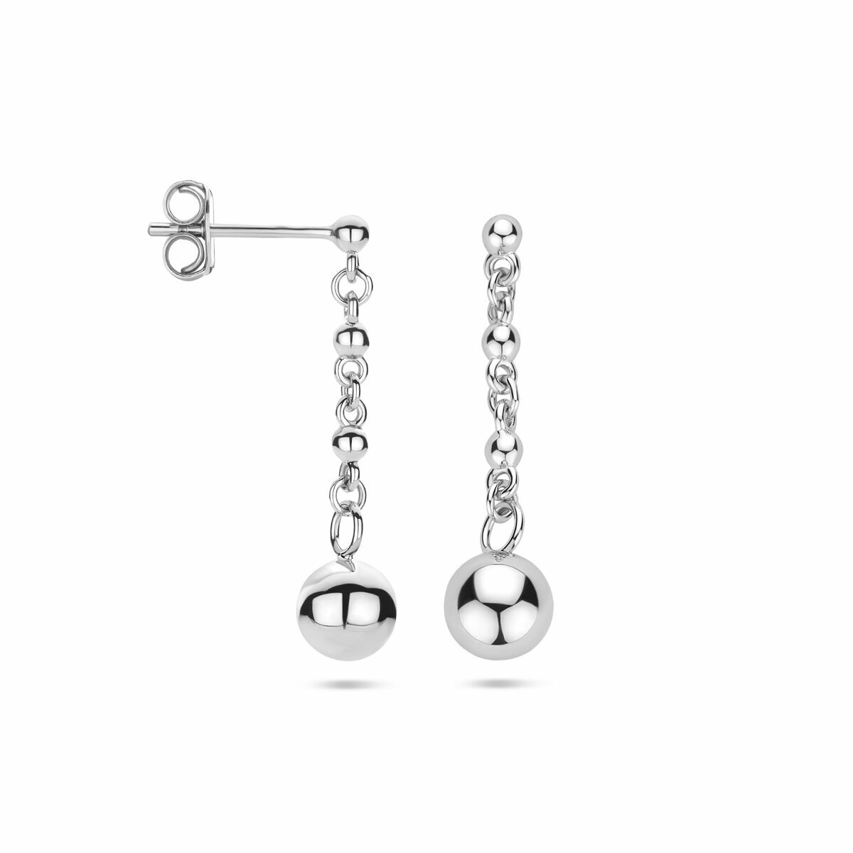 Pendientes largos de plata con bolitas de 25 mm, acabado rodiado brillante.