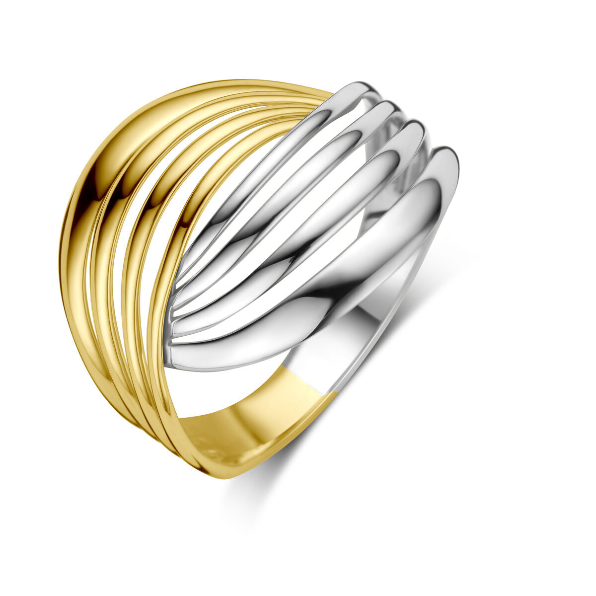 Anillo bicolor de 14K en oro amarillo y blanco con diseño ondulado.