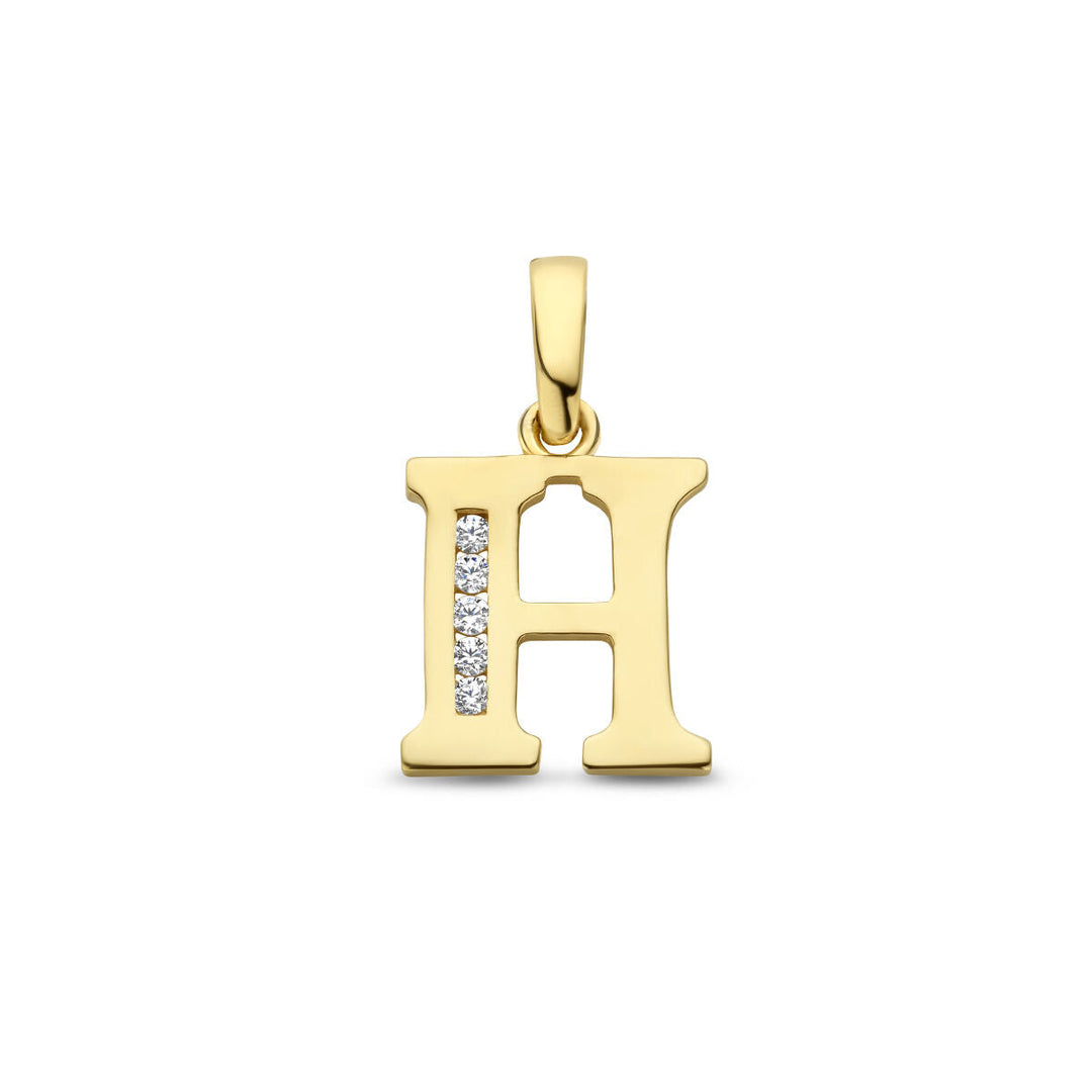 De hangletter zirkonia 14K geelgoud van Van der Kooij Collectie heeft de vorm van een H met links een verticale rij fonkelende zirkonia's tegen een effen witte achtergrond.
