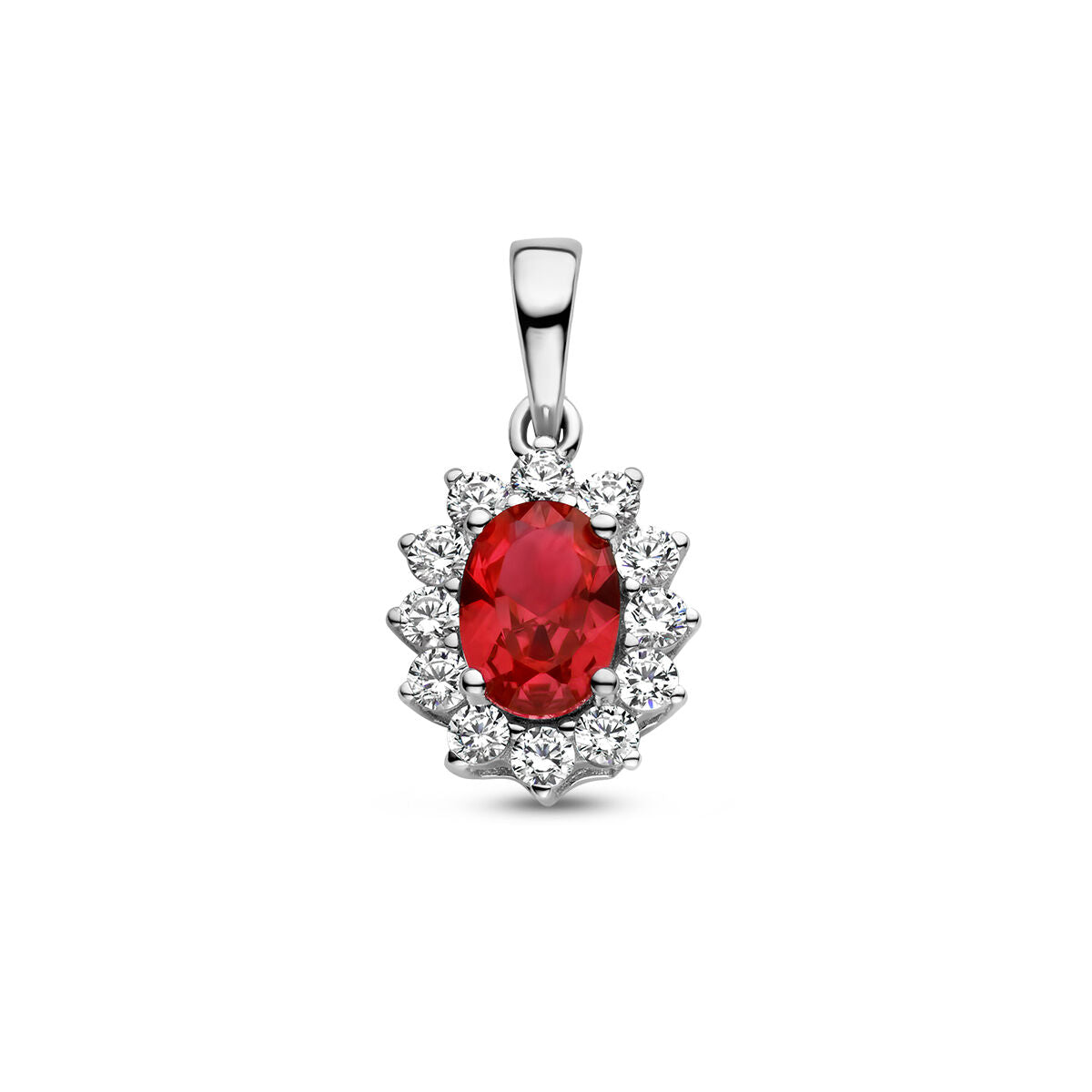 Colgante con piedra de corindón color rojo y halo de circonitas blancas, en plata rodiada.