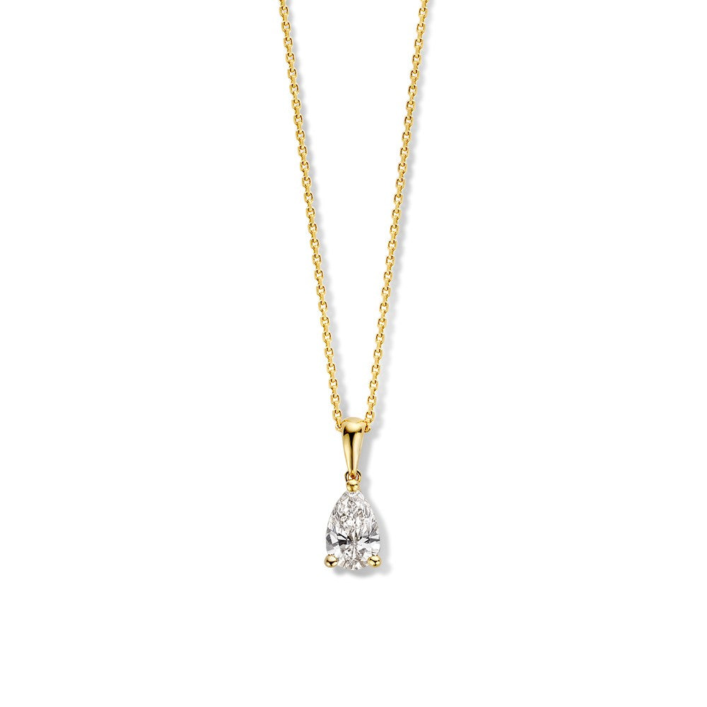 Collar de oro amarillo con colgante en forma de pera y diamante de 0,50 quilates.