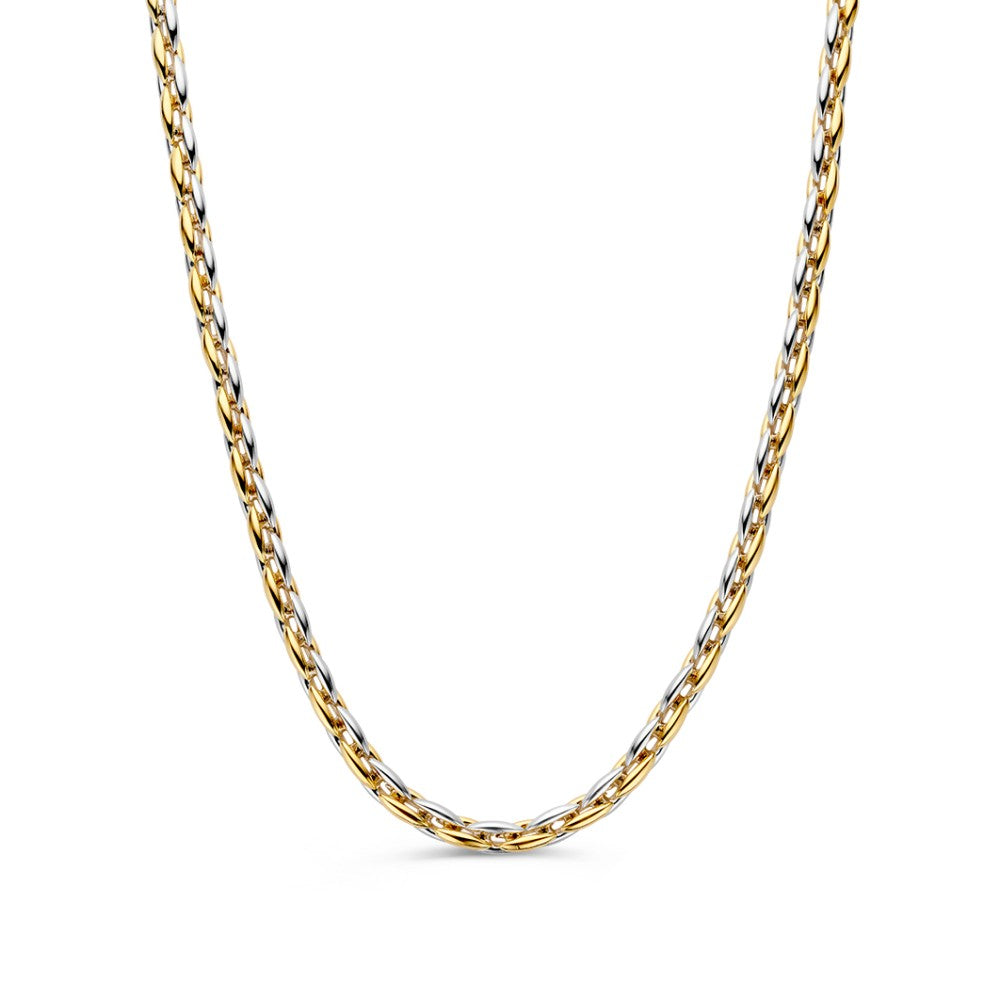 Collar bicolor con eslabones entrelazados en tonos dorado y plateado.