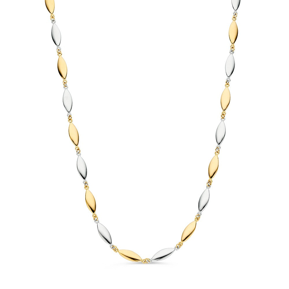 Collar bicolor con eslabones alargados en plata y oro, intercalados con pequeñas cuentas.