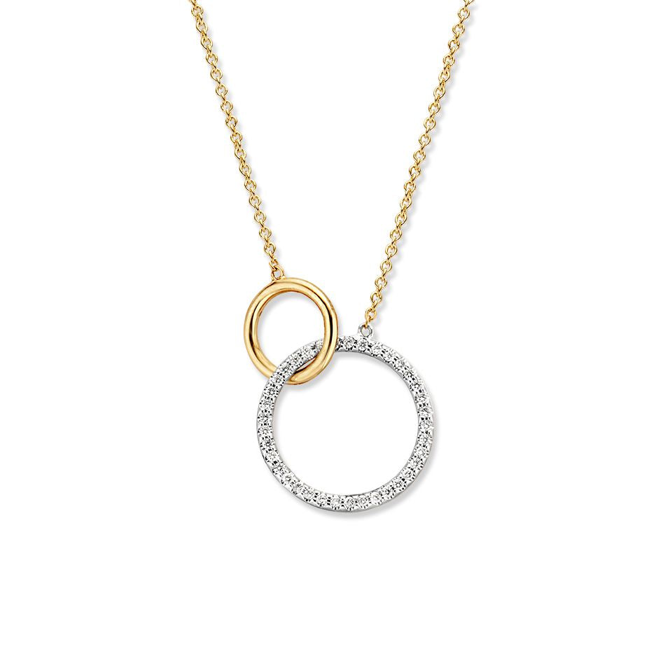 Collar de oro amarillo de 14 quilates con dos círculos entrelazados y diamante de 0.11 crt.