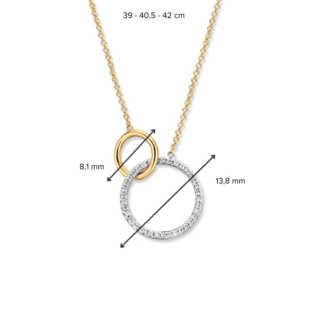 Collar de oro amarillo de 14 quilates con dos círculos conectados y diamante de 0.11 crt