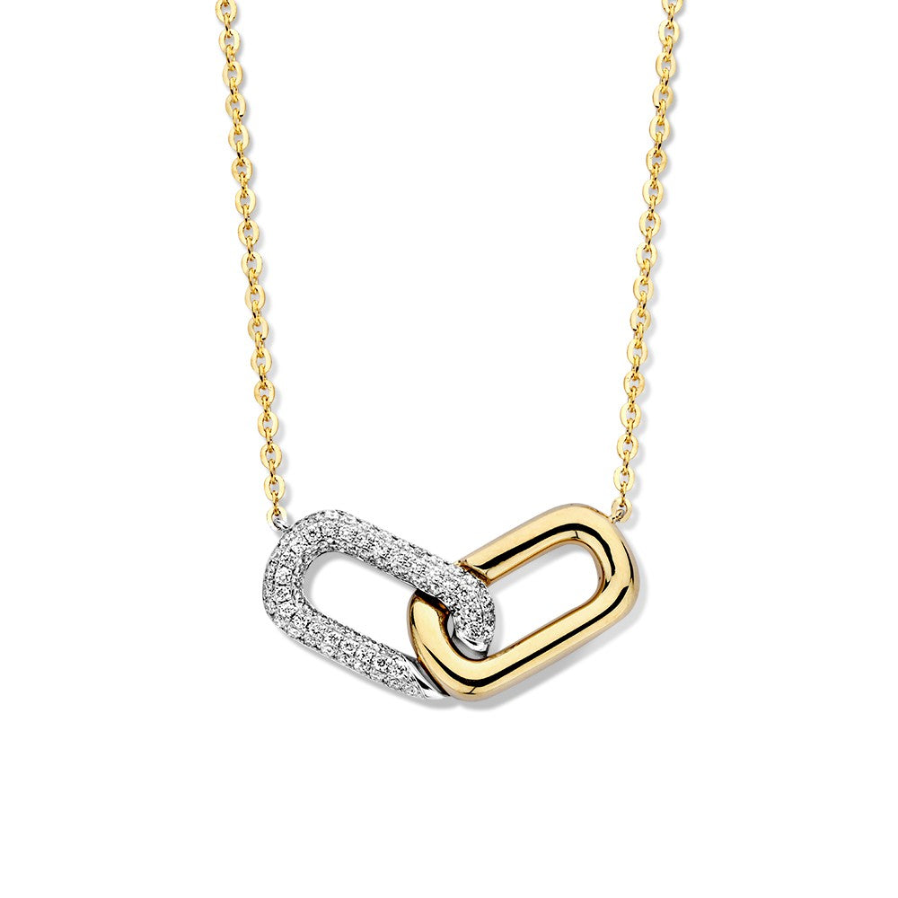 Collar de oro amarillo con colgante en forma de eslabón, adornado con diamantes.