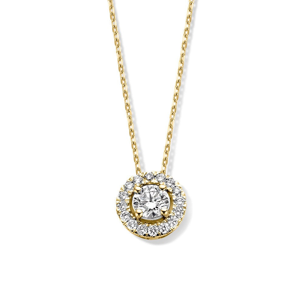 Collar de oro amarillo con colgante circular y diamantes brillantes.