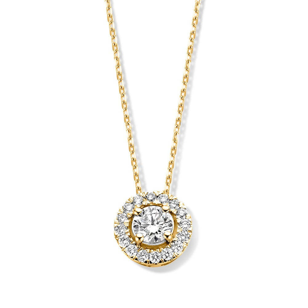 Collar de oro amarillo con un colgante circular y un diamante central rodeado de pequeñas piedras brillantes.