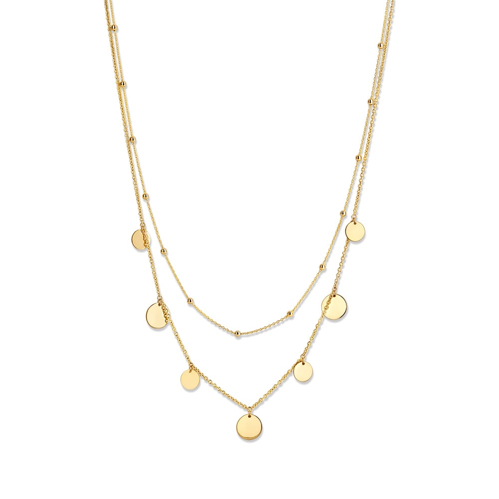 Collar de oro amarillo de 14K con doble cadena y monedas, diseño moderno para damas.