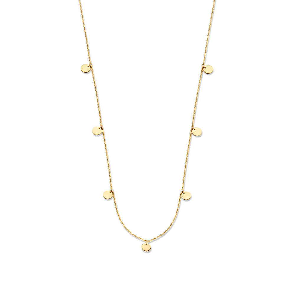 Collar de oro amarillo de 14 quilates con monedas, diseño sutil y atemporal para damas.