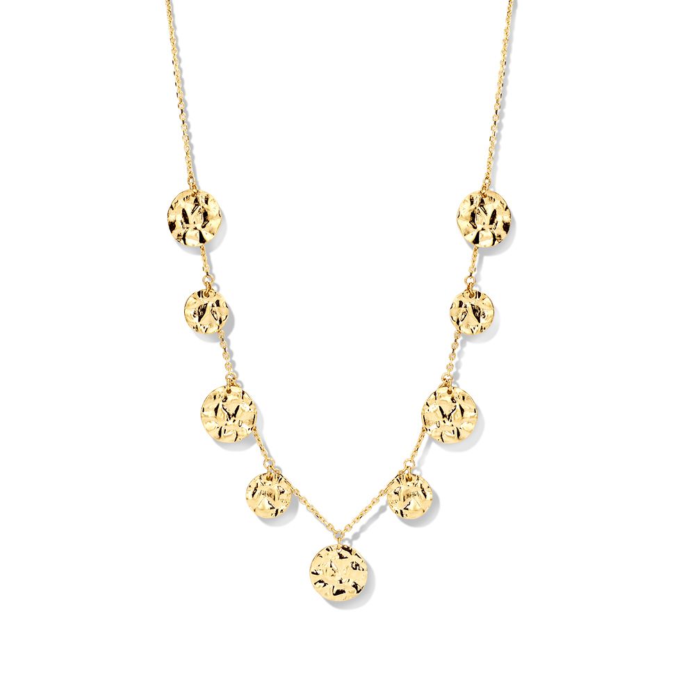 Collar de oro amarillo de 14 quilates con monedas martilladas, diseño elegante para damas.