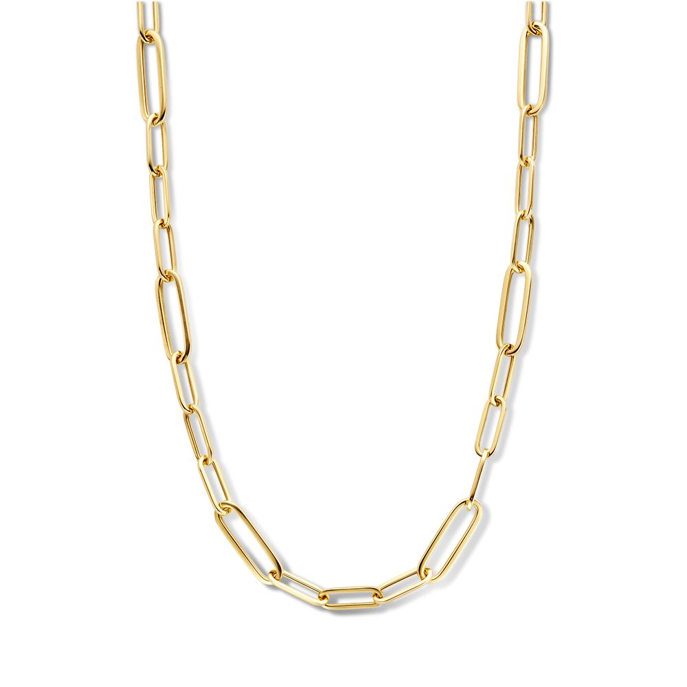 Collar de oro amarillo de 14K con cierre de langosta, diseño elegante y eslabones alargados.