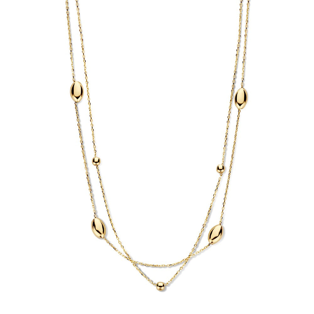 Collar de oro amarillo de 14 quilates con elementos dorados, diseño elegante y delicado para damas.