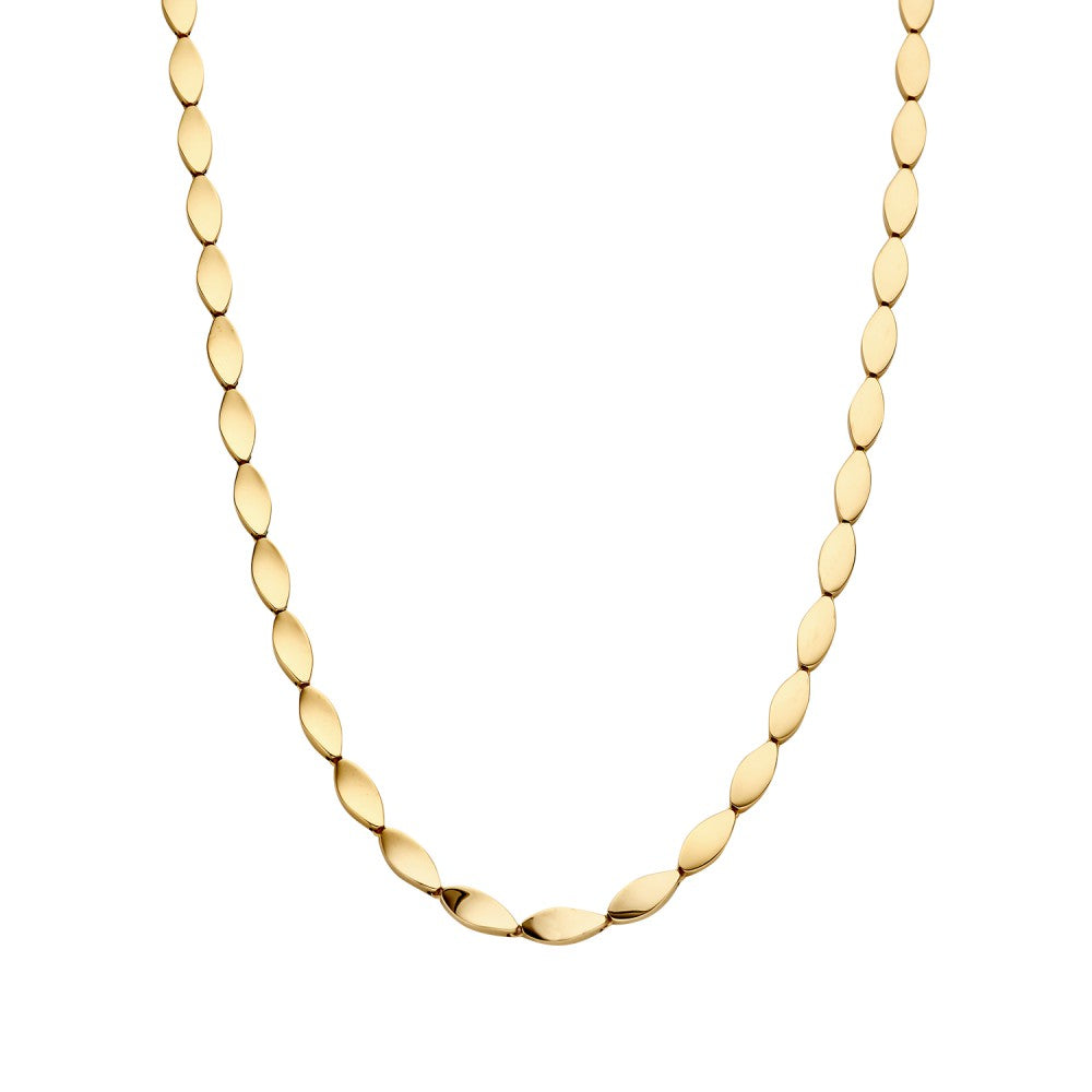 Collar de oro amarillo de 14 quilates con elementos juguetones y forma ovalada.