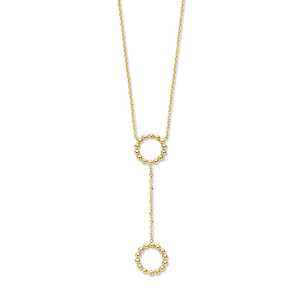 Collar de oro amarillo de 14 quilates con diseño de círculos entrelazados y cadena delicada.