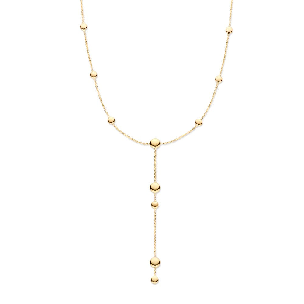 Collar Y de oro amarillo de 14K con bolitas doradas, diseño elegante y delicado para damas.