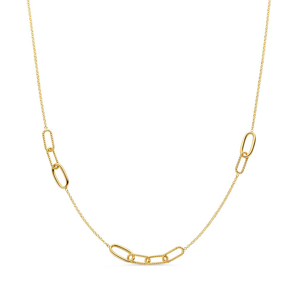 Geelgouden collier met schakels in verschillende vormen, tijdloos ontwerp voor dames.