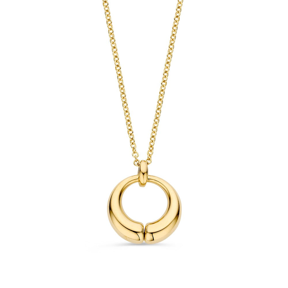 Collar de oro amarillo con colgante circular y cadena delicada.