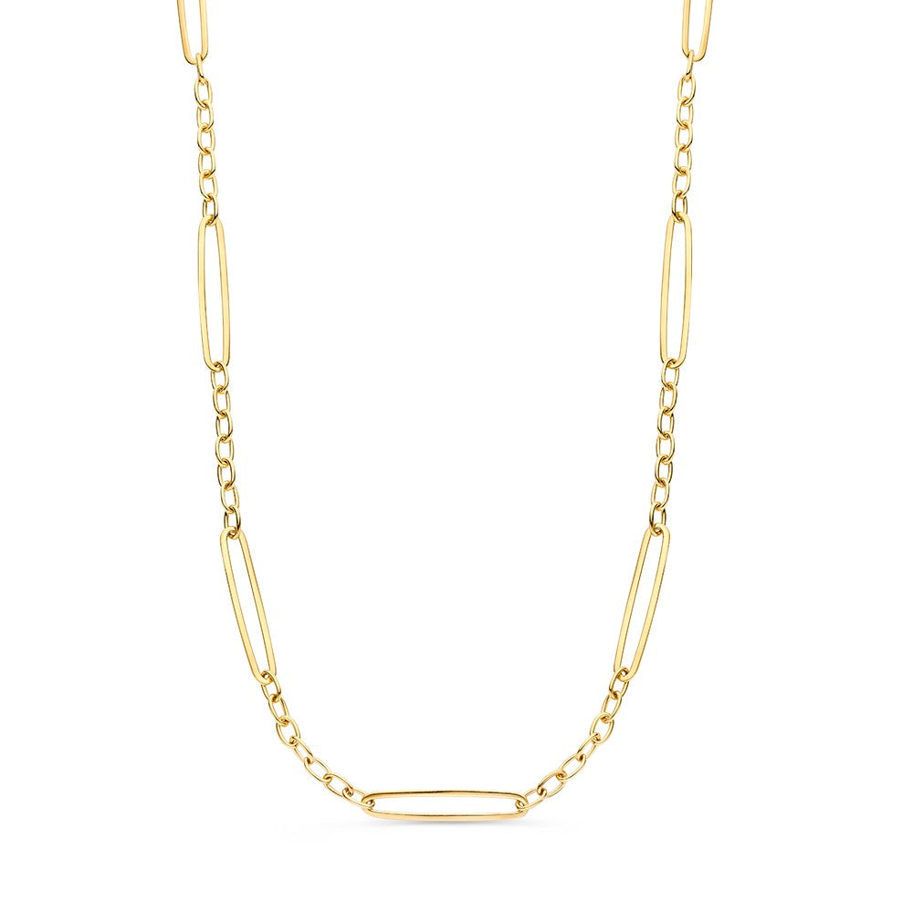 Collar de oro amarillo con eslabones alargados y cadena intercalada.