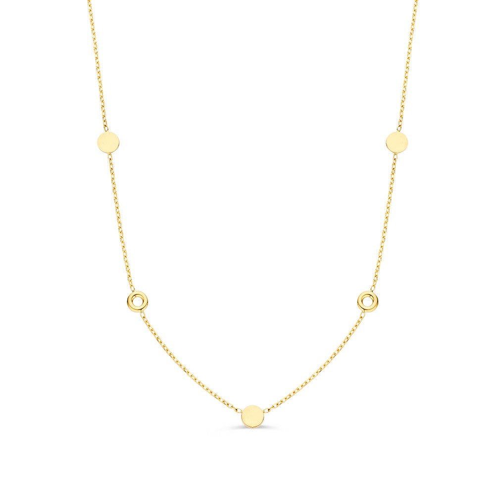 Collar de oro amarillo con eslabones y detalles circulares.
