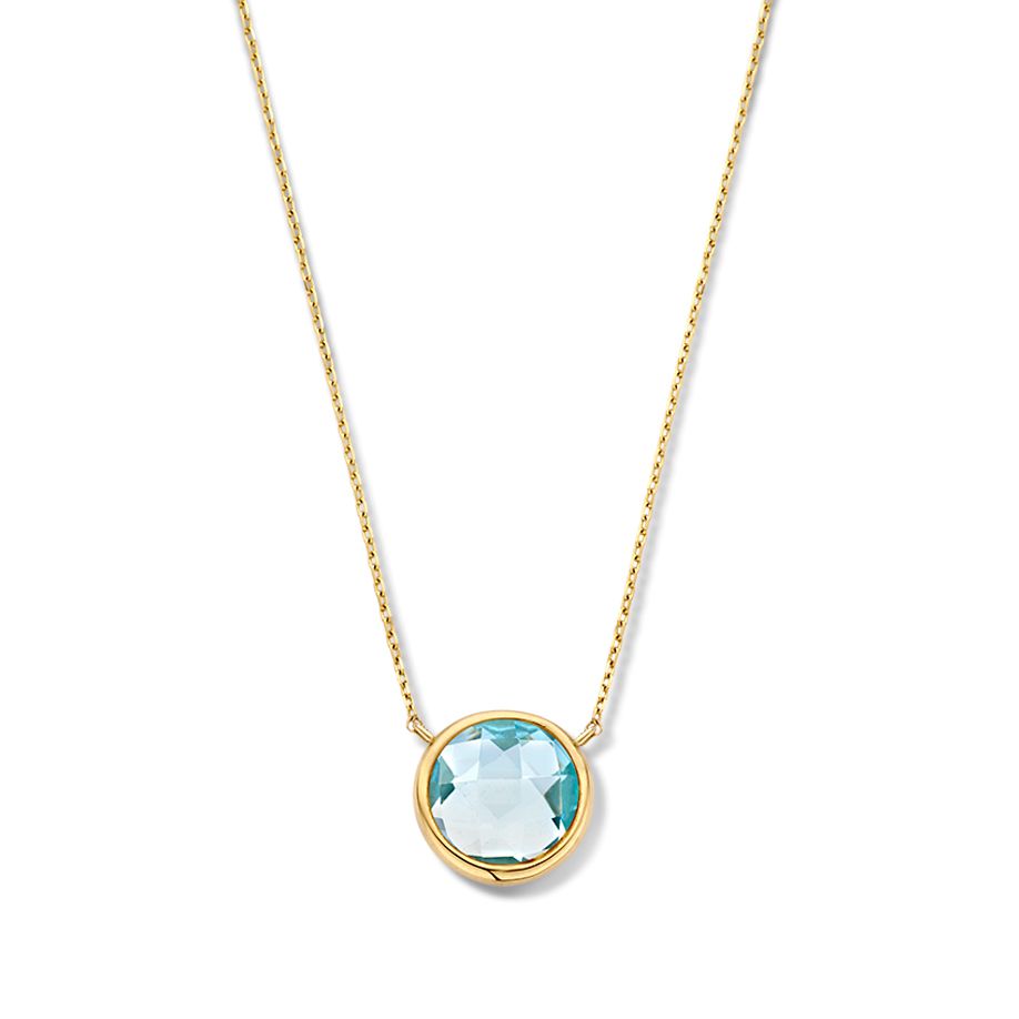 Collar de oro amarillo con colgante de topacio azul facetado en forma redonda.