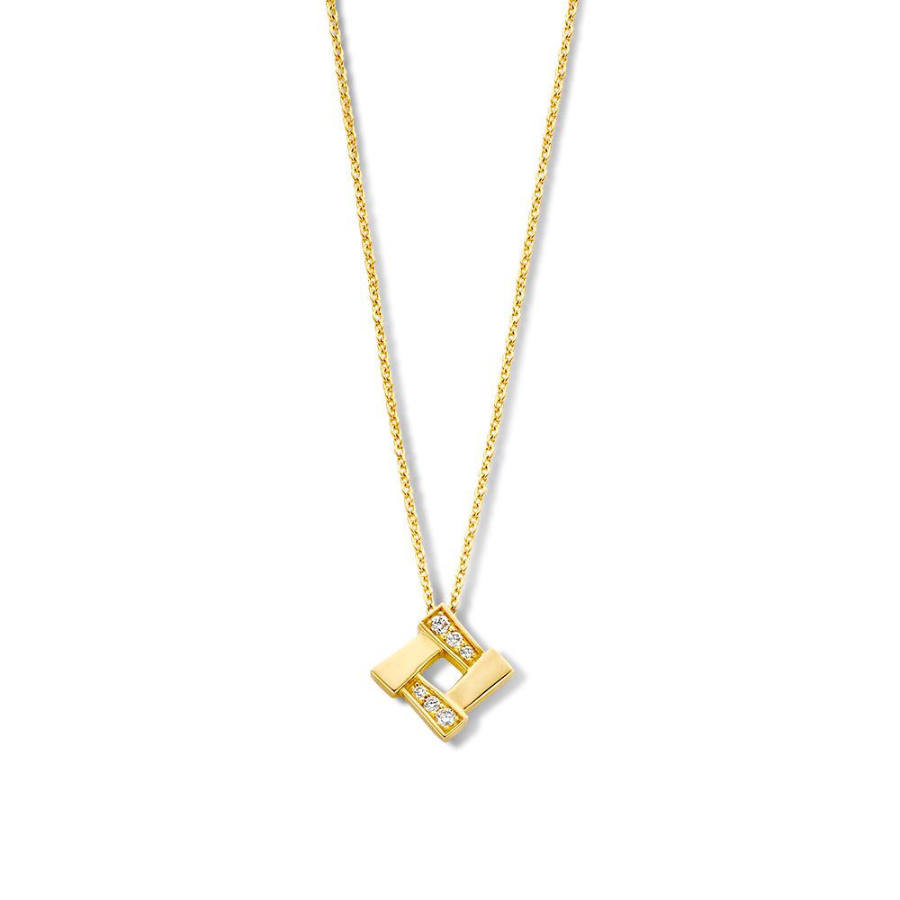 Collar de oro amarillo con colgante de diamantes, diseño elegante y moderno.