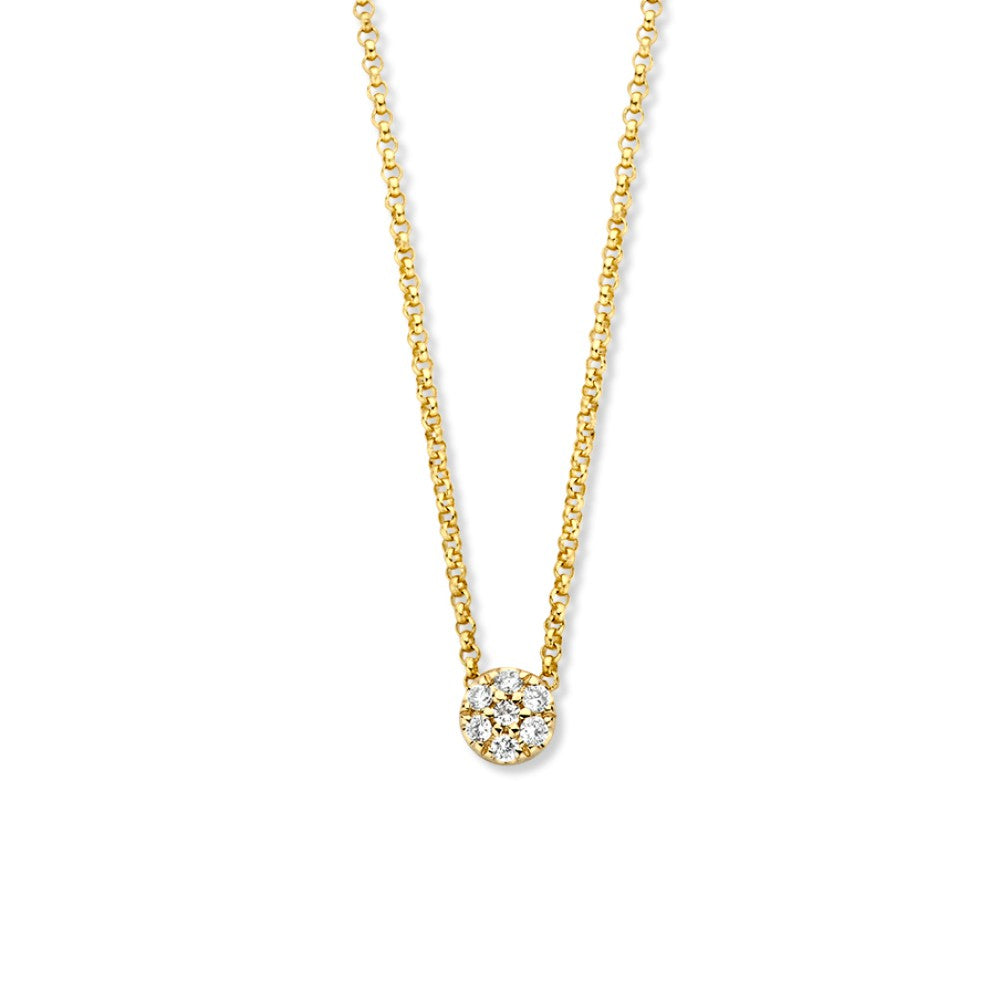 Geelgouden collier met fijn elementje en diamant, 14 karaat, 0.06 crt, 42-45 cm lang.