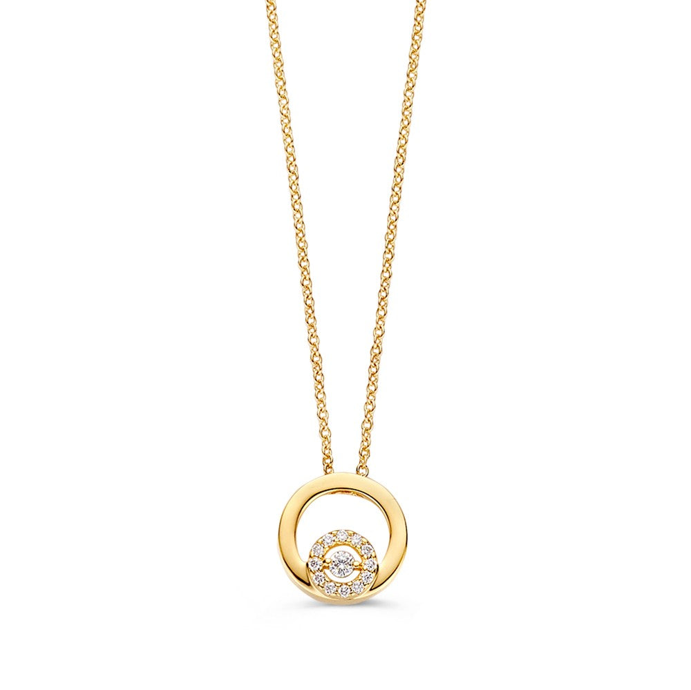 Collar de oro amarillo con diamantes, diseño circular y cadena delicada.