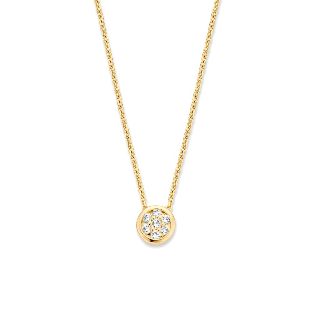 Collar de oro amarillo de 14 quilates con colgante redondo y diamantes en pavé.