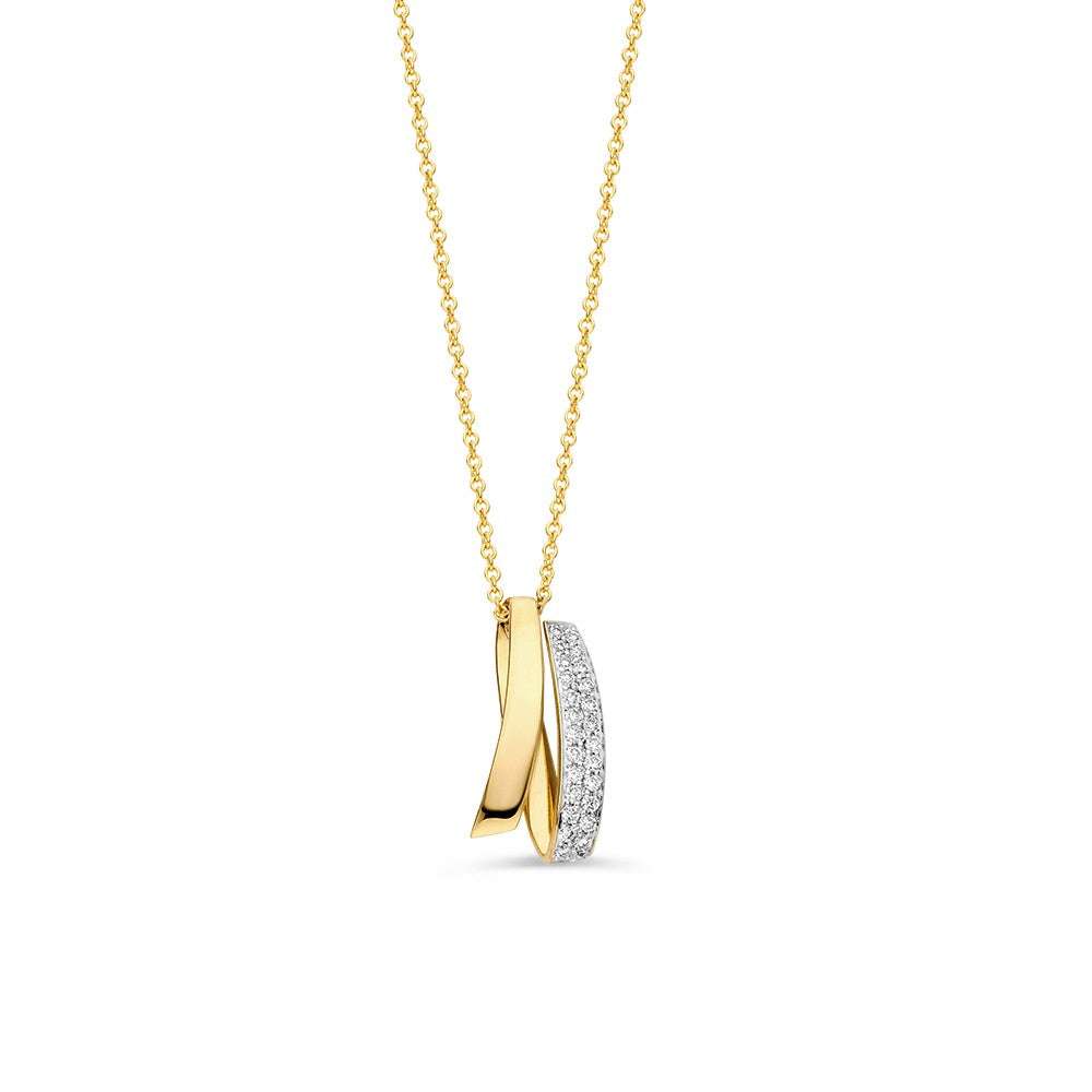 Collar de oro amarillo con colgante brillante de 0,10 crt en forma de dos anillos entrelazados.