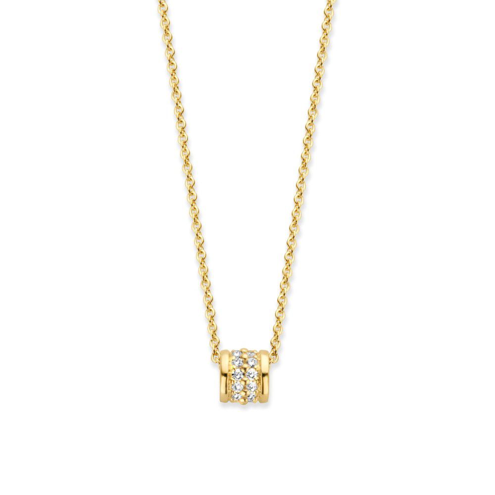 Collar de oro amarillo de 14 quilates con un colgante brillante adornado con diamantes.