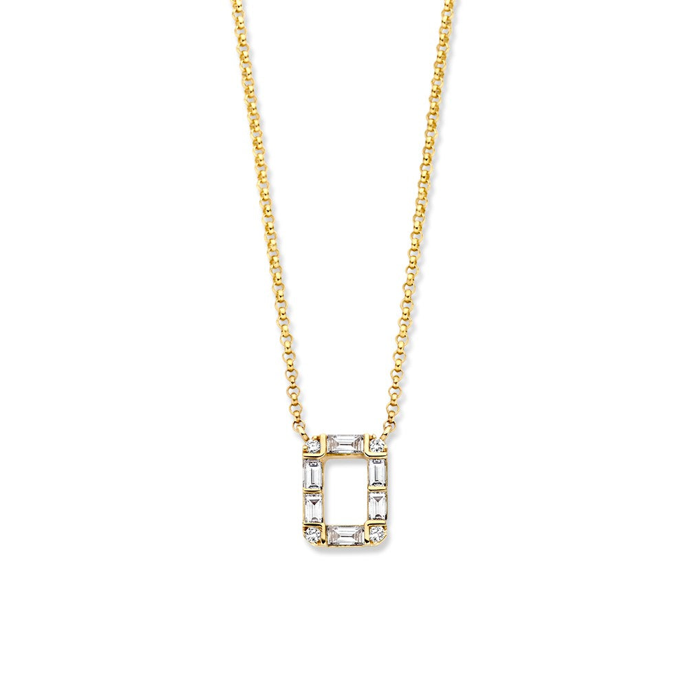 Collar de oro amarillo con colgante de diamantes, incluye diamantes baguette y brillantes.