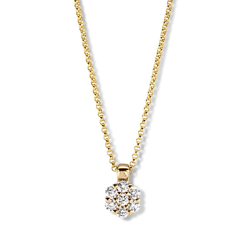 Collar de oro amarillo con colgante de diamantes en engaste de entorno.