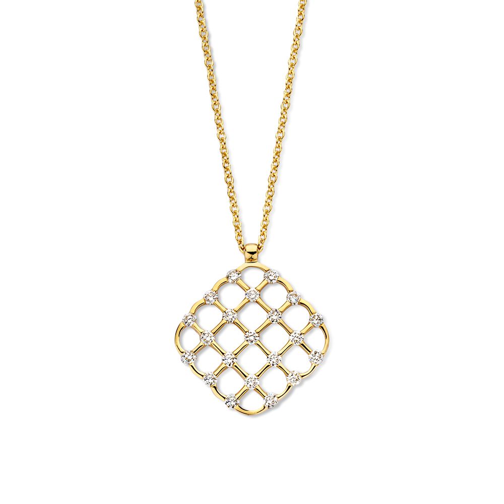 Collar de oro amarillo de 14 quilates con colgante de diamantes en forma de cuadrado.