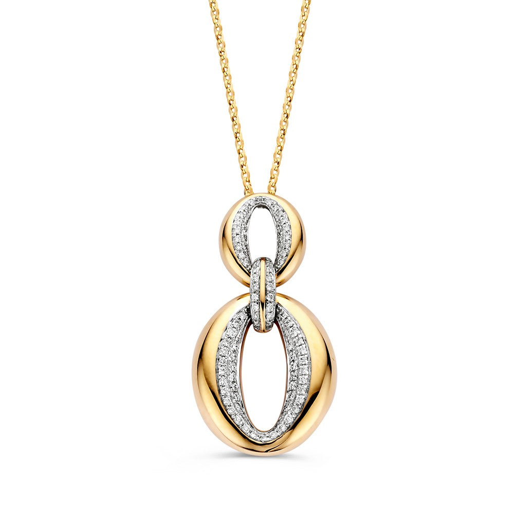 Colgante de oro amarillo con diamantes y cadena elegante, diseño en forma de óvalo.