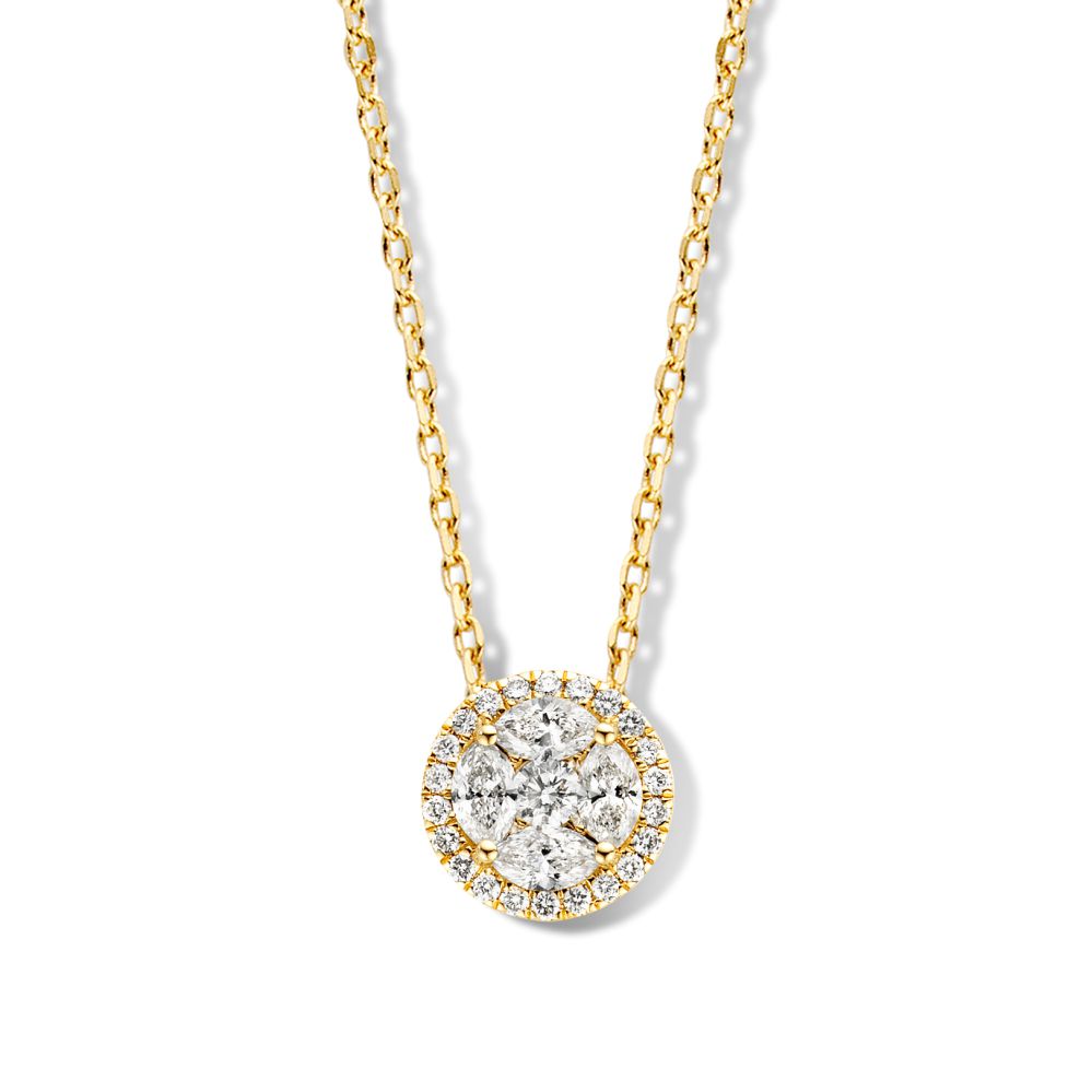 Collar de lujo en oro amarillo de 14 quilates con diamantes brillantes y forma de marquesa.